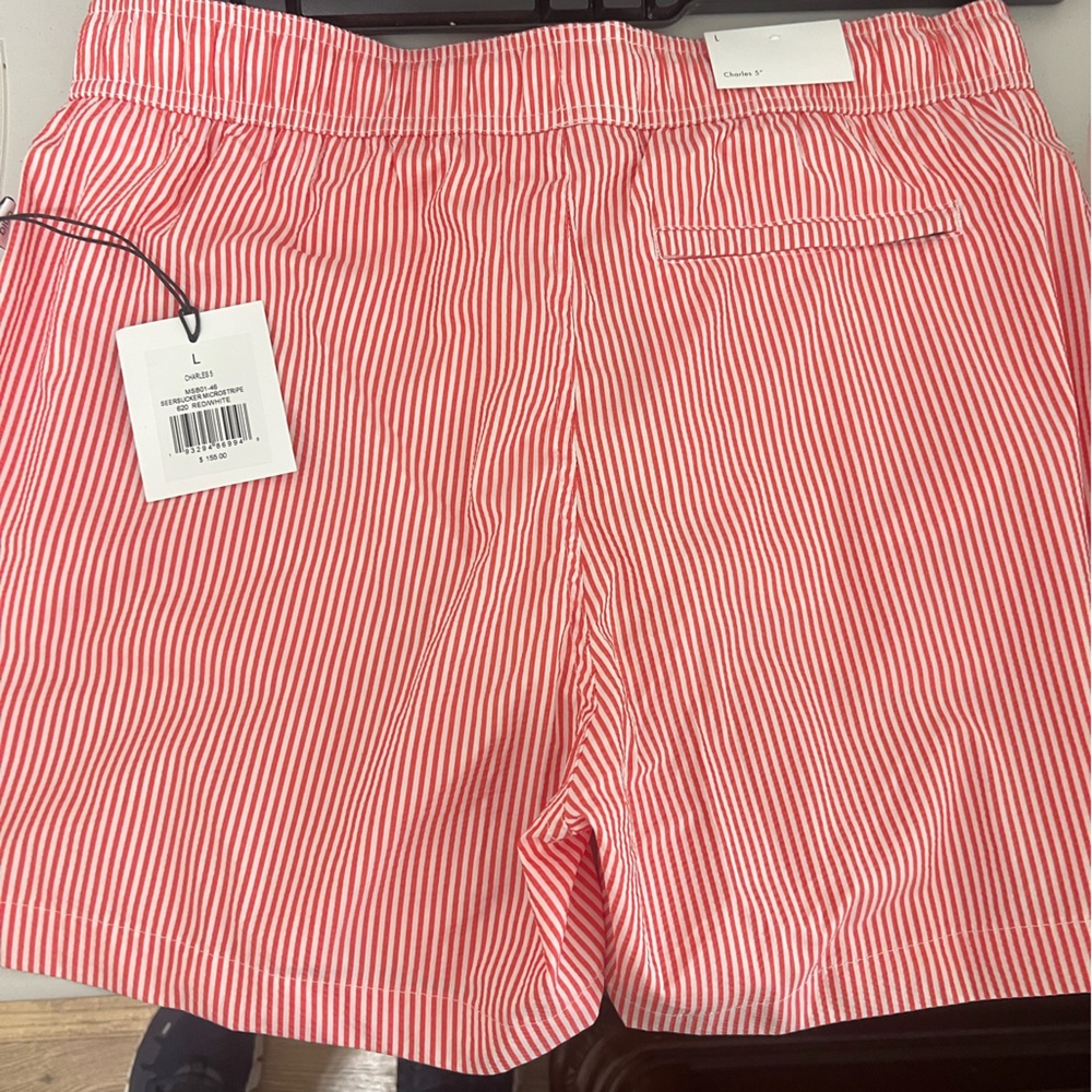 Onia Red and White Striped Swim Trunks
